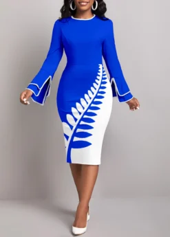 Royal Blue Patchwork Leaf Print Bodycon Dress