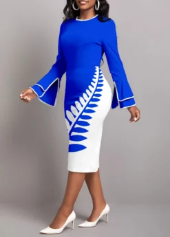 Royal Blue Patchwork Leaf Print Bodycon Dress -Elegance Swimwear Store 345661 P 1698649374879