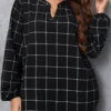 Black Split Plus Size Plaid Long Sleeve Blouse