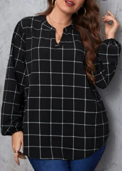 Black Split Plus Size Plaid Long Sleeve Blouse