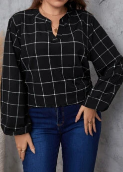 Black Split Plus Size Plaid Long Sleeve Blouse -Elegance Swimwear Store 345737 P 1698889850085