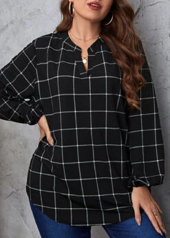 Black Split Plus Size Plaid Long Sleeve Blouse -Elegance Swimwear Store 345737 P 1698889850756