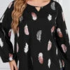 Black Cut Out Plus Size Leaf Print Blouse