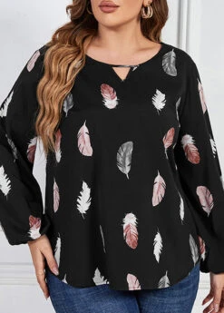 Black Cut Out Plus Size Leaf Print Blouse