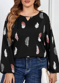 Black Cut Out Plus Size Leaf Print Blouse -Elegance Swimwear Store 345738 P 1698889483150