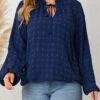 Navy Lace Up Plus Size Long Sleeve Blouse