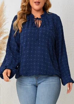 Navy Lace Up Plus Size Long Sleeve Blouse