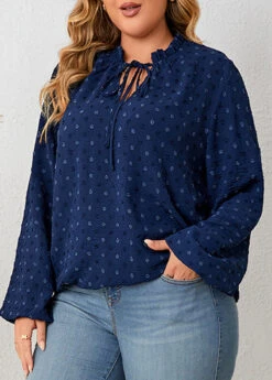 Navy Lace Up Plus Size Long Sleeve Blouse -Elegance Swimwear Store 345739 P 1698816365012