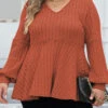 Brick Red Plus Size Long Sleeve V Neck Blouse