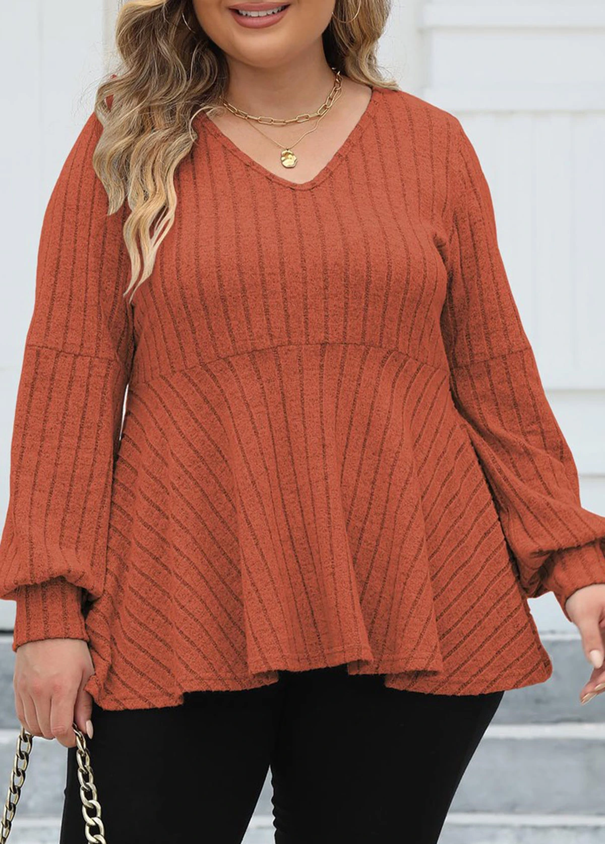 Brick Red Plus Size Long Sleeve V Neck Blouse 4 Brick Red Plus Size Long Sleeve V Neck Blouse - Image 4