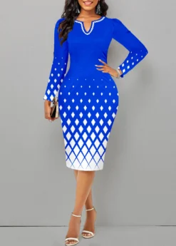 Royal Blue Split Geometric Print Long Sleeve Dress