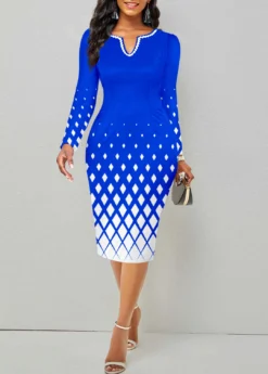 Royal Blue Split Geometric Print Long Sleeve Dress -Elegance Swimwear Store 346152 P 1699238555800